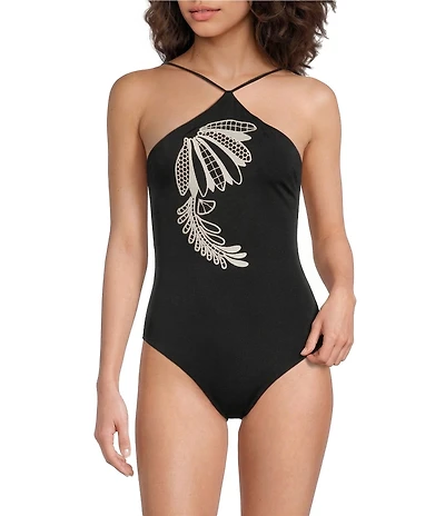 Farm Rio Copacabana Beach Black Halter One Piece Swimsuit