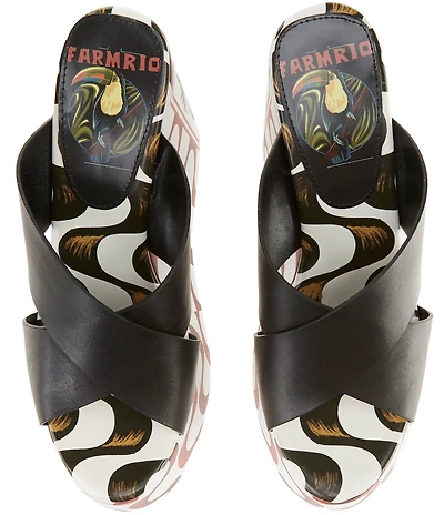 Farm Rio Copacabana Leather Printed Wedge Platform Slide Sandals