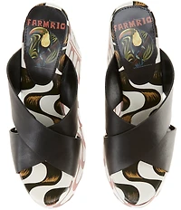 Farm Rio Copacabana Leather Printed Wedge Platform Slide Sandals