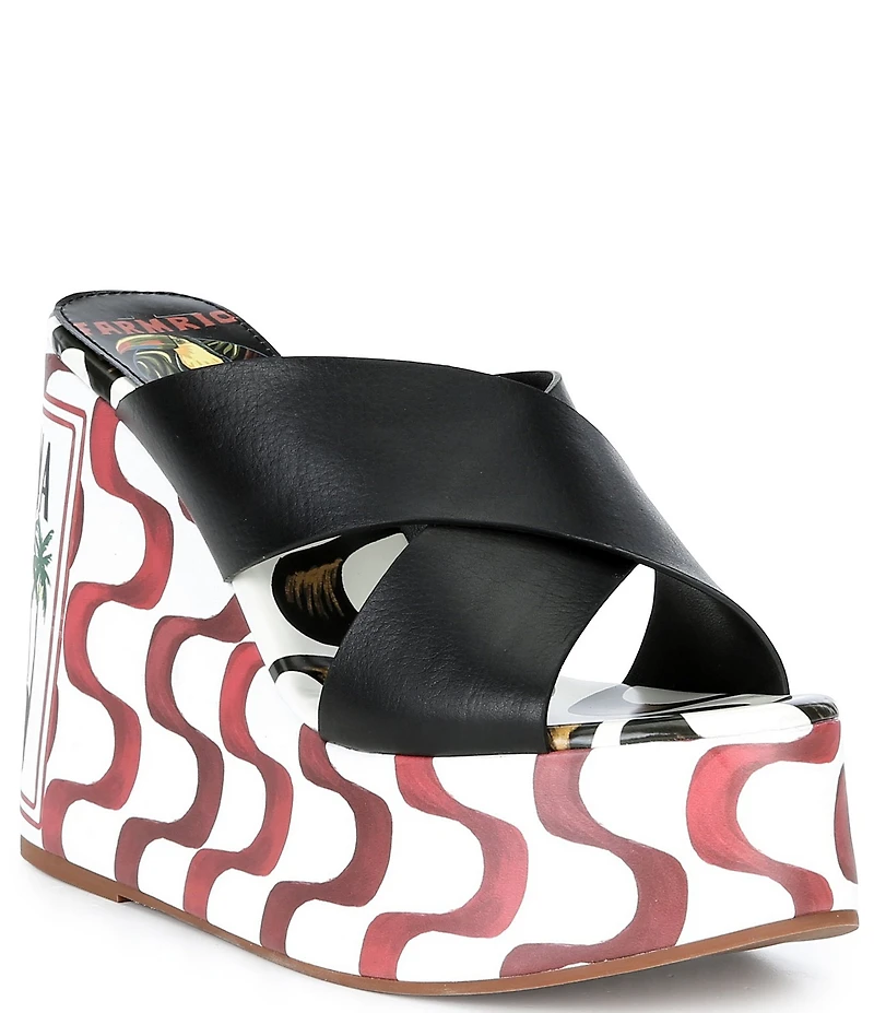 Farm Rio Copacabana Leather Printed Wedge Platform Slide Sandals