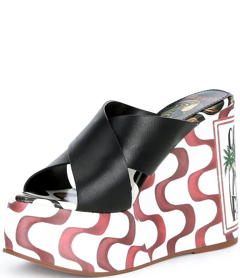 Farm Rio Copacabana Leather Printed Wedge Platform Slide Sandals