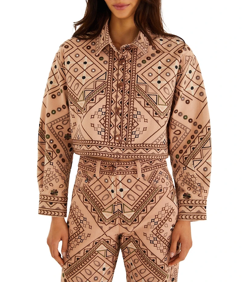 Farm Rio Cosmopolitan Full Print Collared Long Sleeve Coordinating Twill Jacket