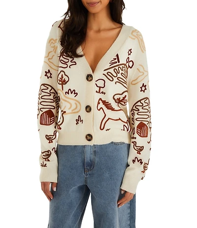 Farm Rio Countryside Cornelli Embroidered Off-White V-Neck Long Sleeve Knit Cardigan