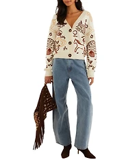 Farm Rio Countryside Cornelli Embroidered Off-White V-Neck Long Sleeve Knit Cardigan
