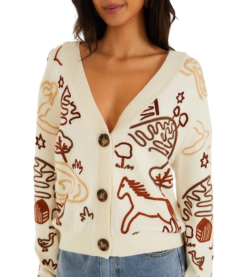 Farm Rio Countryside Cornelli Embroidered Off-White V-Neck Long Sleeve Knit Cardigan