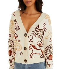 Farm Rio Countryside Cornelli Embroidered Off-White V-Neck Long Sleeve Knit Cardigan