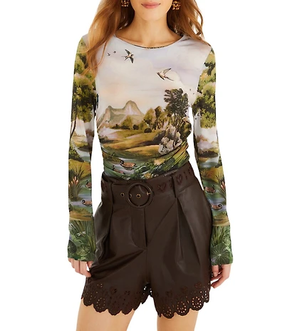 Farm Rio Countryside Landscape Printed Multicolor Round Neck Long Sleeve Top