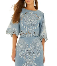 Farm Rio Denim Richelieux Embroidered Round Neckline 3/4 Sleeve Crop Coordinating Blouse