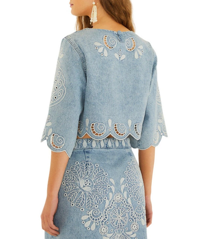 Farm Rio Denim Richelieux Embroidered Round Neckline 3/4 Sleeve Crop Coordinating Blouse