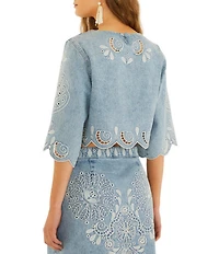 Farm Rio Denim Richelieux Embroidered Round Neckline 3/4 Sleeve Crop Coordinating Blouse
