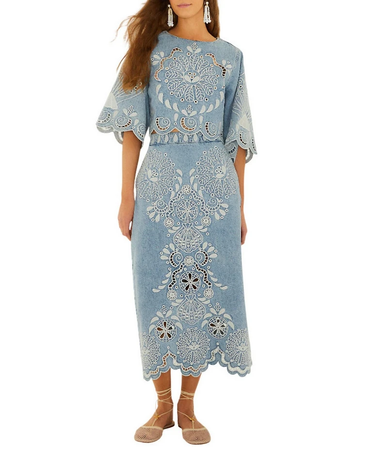 Farm Rio Denim Richelieux Embroidered Round Neckline 3/4 Sleeve Crop Coordinating Blouse