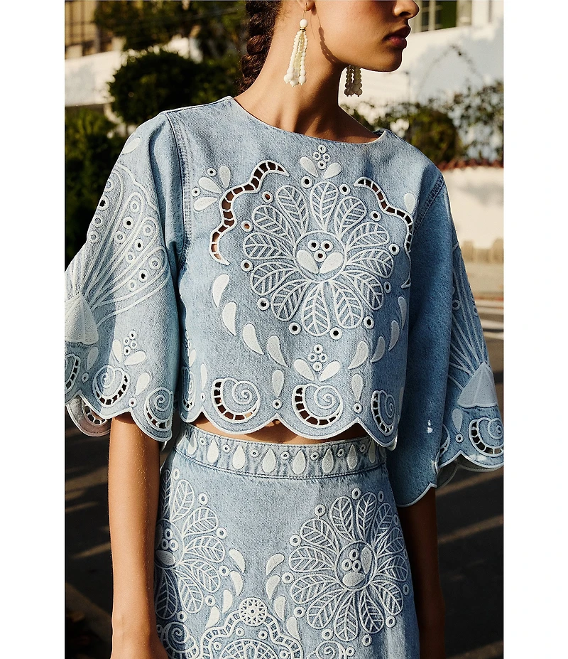 Farm Rio Denim Richelieux Embroidered Round Neckline 3/4 Sleeve Crop Coordinating Blouse