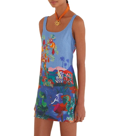 Farm Rio Dream Landscape Scoop Neckline Sleeveless Multicolor Linen Mini Dress