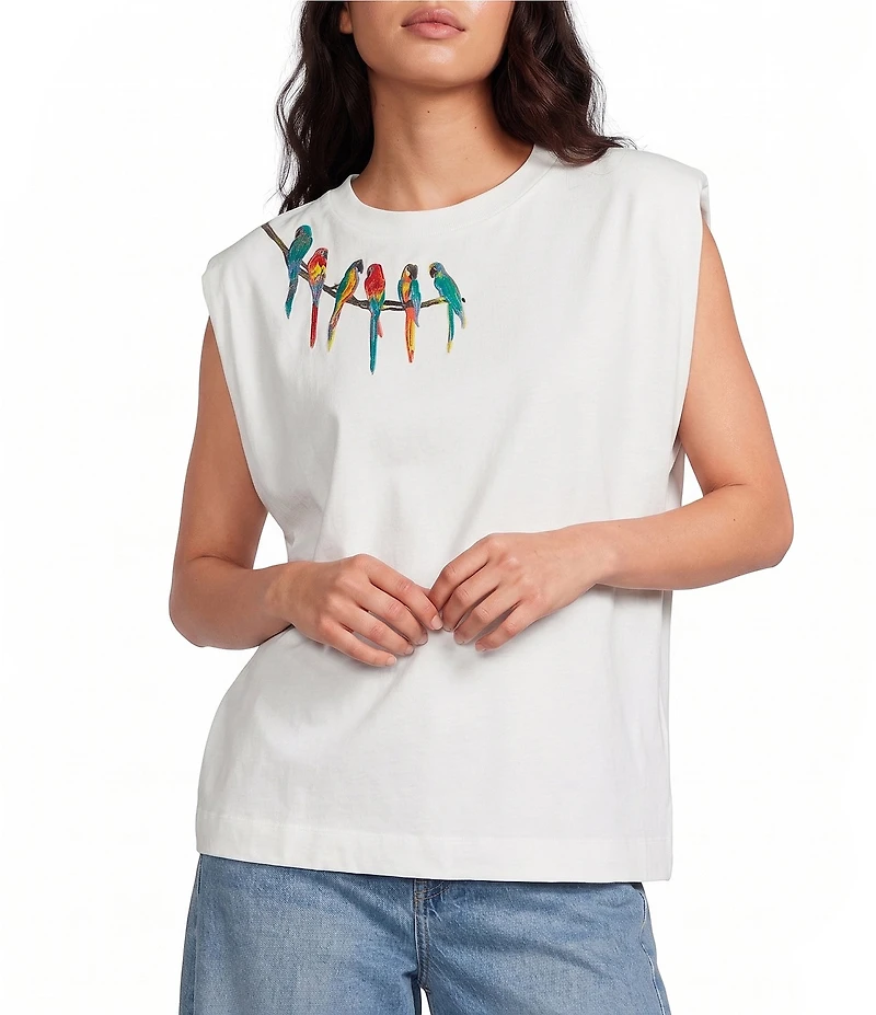 Farm Rio Embroidered Birds On Branch Crew Neck Cap Sleeve T-Shirt