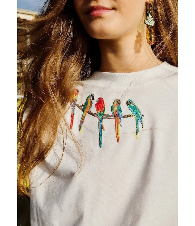 Farm Rio Embroidered Birds On Branch Crew Neck Cap Sleeve T-Shirt