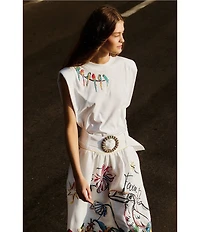 Farm Rio Embroidered Birds On Branch Crew Neck Cap Sleeve T-Shirt