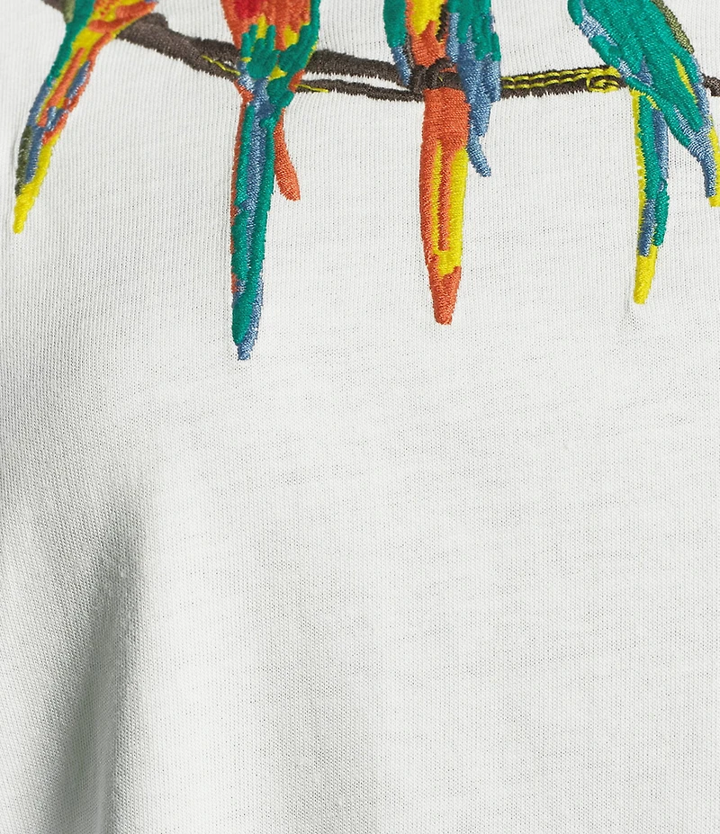 Farm Rio Embroidered Birds On Branch Crew Neck Cap Sleeve T-Shirt