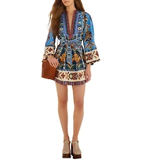 Farm Rio Embroidered Tapestry Blue V-Neck Long Wide Sleeve Tie Front Mini Dress