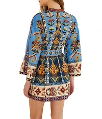 Farm Rio Embroidered Tapestry Blue V-Neck Long Wide Sleeve Tie Front Mini Dress