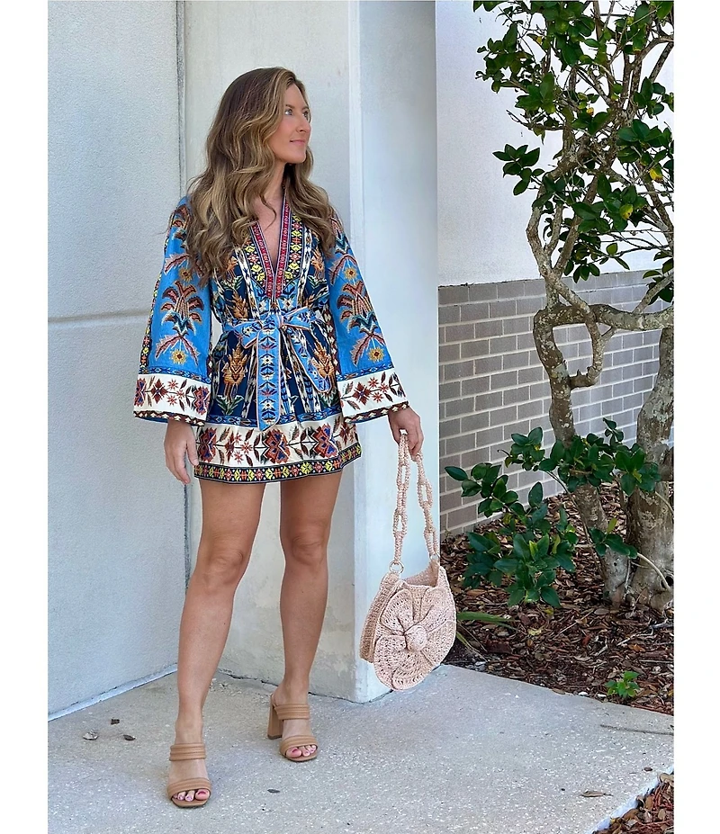 Farm Rio Embroidered Tapestry Blue V-Neck Long Wide Sleeve Tie Front Mini Dress