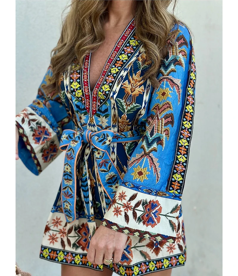 Farm Rio Embroidered Tapestry Blue V-Neck Long Wide Sleeve Tie Front Mini Dress