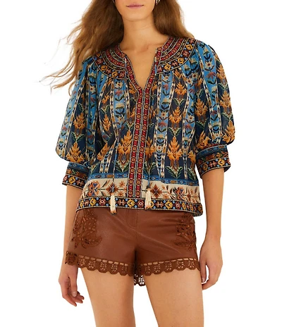Farm Rio Embroidered Tapestry V-Neck Short Sleeve Blouse
