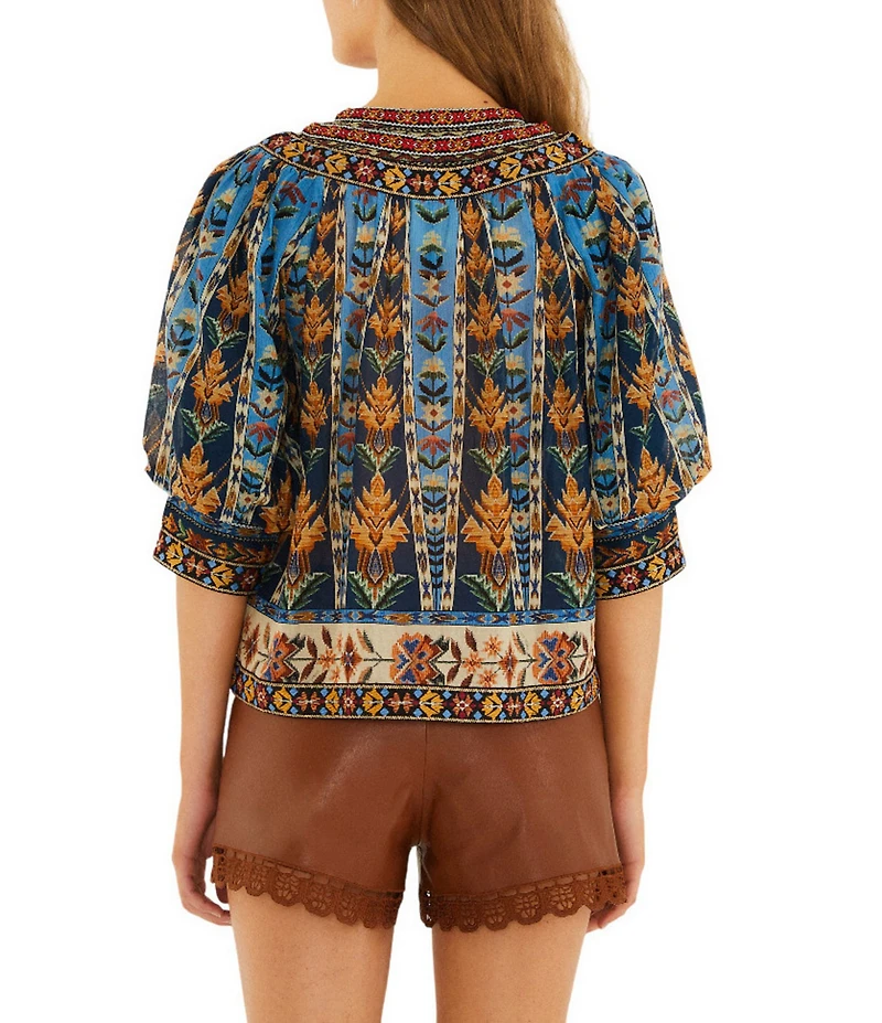 Farm Rio Embroidered Tapestry V-Neck Short Sleeve Blouse
