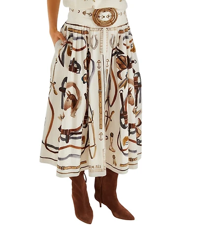 Farm Rio Equestrian Scarf Printed Winter White Belted Midi Skirt