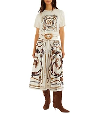 Farm Rio Equestrian Scarf Printed Winter White Belted Midi Skirt