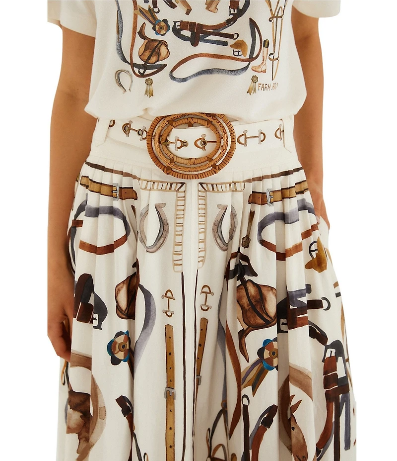 Farm Rio Equestrian Scarf Printed Winter White Belted Midi Skirt
