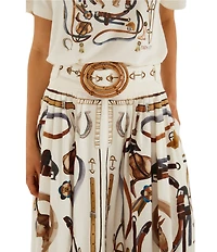 Farm Rio Equestrian Scarf Printed Winter White Belted Midi Skirt