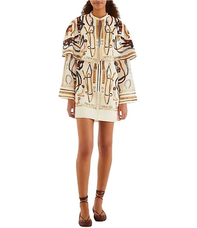 Farm Rio Equestrian Scarf Printed Winter White Split Round Neck Long Sleeve Mini Cape Dress
