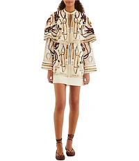 Farm Rio Equestrian Scarf Printed Winter White Split Round Neck Long Sleeve Mini Cape Dress