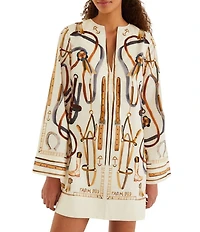 Farm Rio Equestrian Scarf Printed Winter White Split Round Neck Long Sleeve Mini Cape Dress