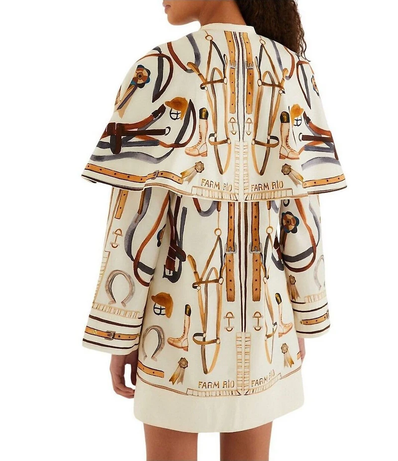 Farm Rio Equestrian Scarf Printed Winter White Split Round Neck Long Sleeve Mini Cape Dress