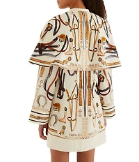 Farm Rio Equestrian Scarf Printed Winter White Split Round Neck Long Sleeve Mini Cape Dress