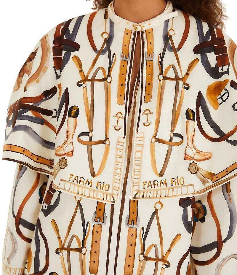Farm Rio Equestrian Scarf Printed Winter White Split Round Neck Long Sleeve Mini Cape Dress
