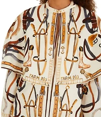 Farm Rio Equestrian Scarf Printed Winter White Split Round Neck Long Sleeve Mini Cape Dress