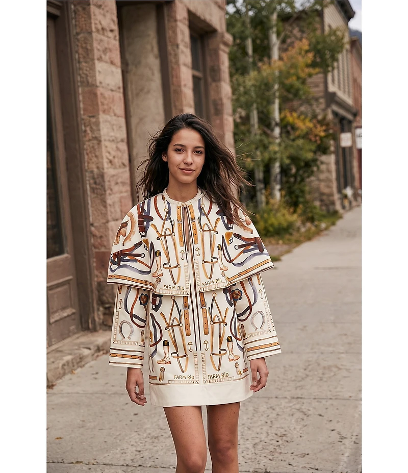 Farm Rio Equestrian Scarf Printed Winter White Split Round Neck Long Sleeve Mini Cape Dress