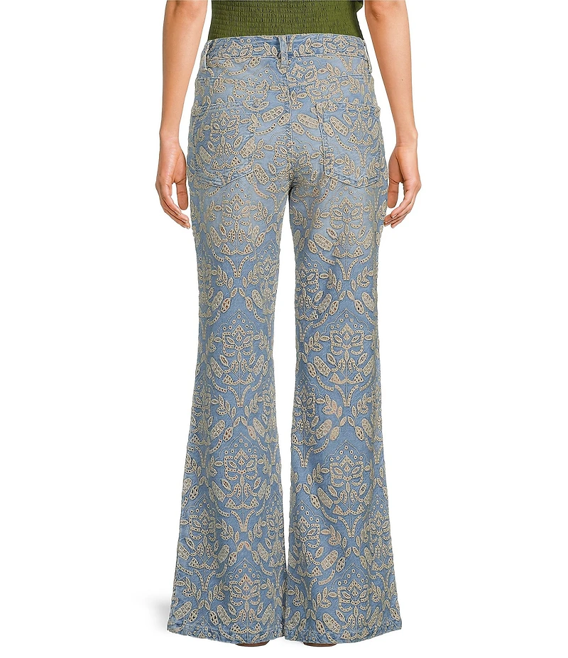 Farm Rio Eyelet Denim High Rise Flare Jeans