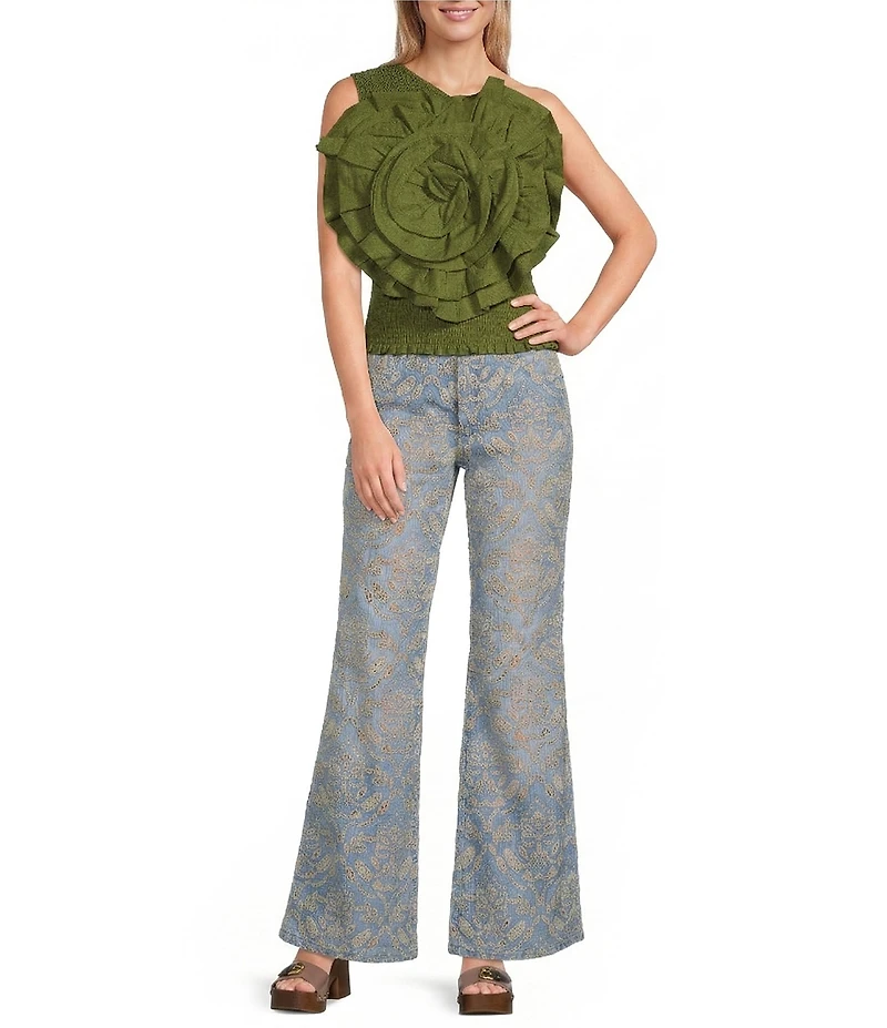 Farm Rio Eyelet Denim High Rise Flare Jeans