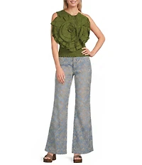 Farm Rio Eyelet Denim High Rise Flare Jeans