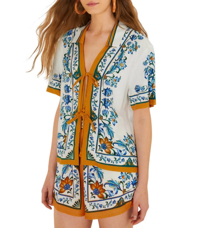 Farm Rio Flora Tile Linen Blend Off White Print Blouse
