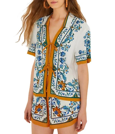 Farm Rio Flora Tile Linen Blend Off White Print Blouse