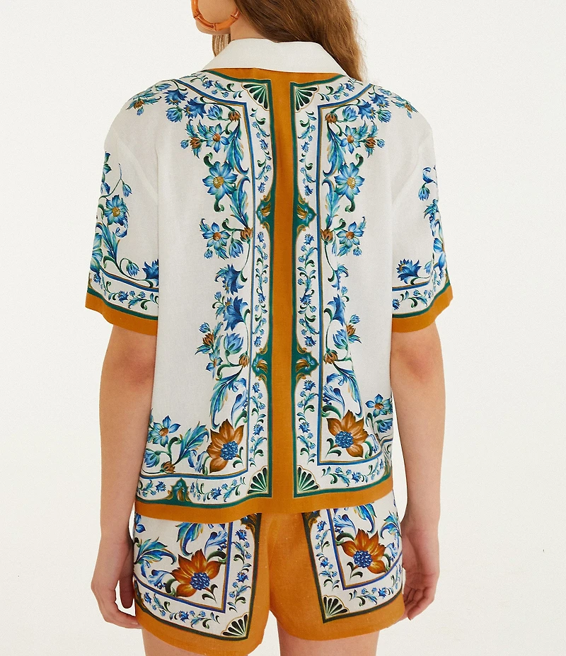 Farm Rio Flora Tile Linen Blend Off White Print Blouse