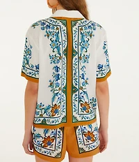 Farm Rio Flora Tile Linen Blend Off White Print Blouse