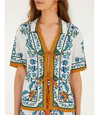 Farm Rio Flora Tile Linen Blend Off White Print Blouse