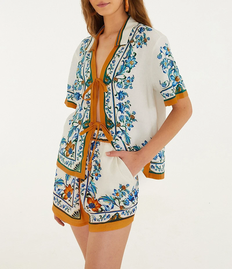 Farm Rio Flora Tile Linen Blend Off White Print Blouse