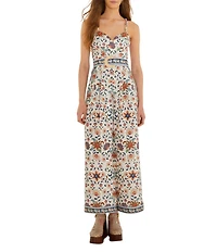 Farm Rio Floral Delhi Tapestry Sweetheart Neckline Sleeveless Belted Jumpsuit