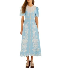 Farm Rio Floral Embroidery Linen Round Neck Short Sleeve Open Back Midi Dress